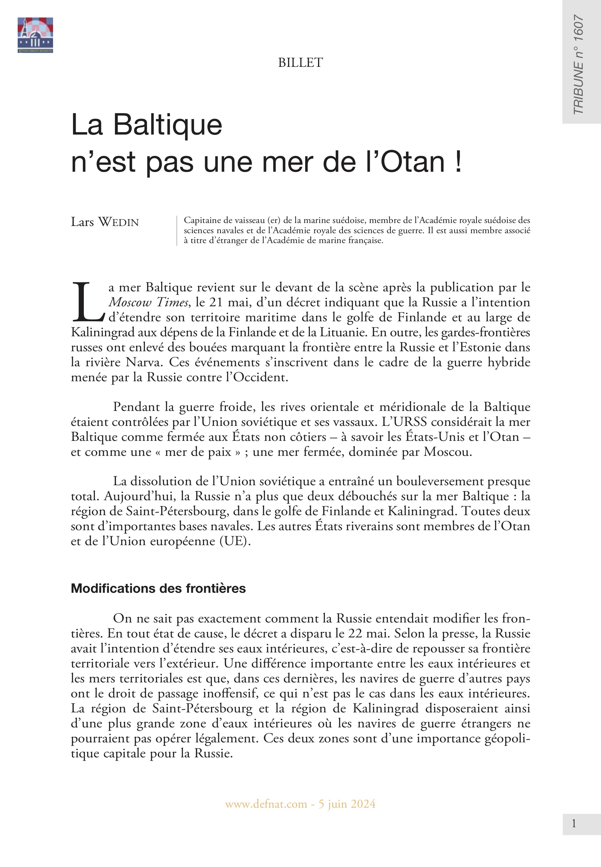 Billet – La Baltique n'est pas une mer de l'Otan ! (T 1607)
